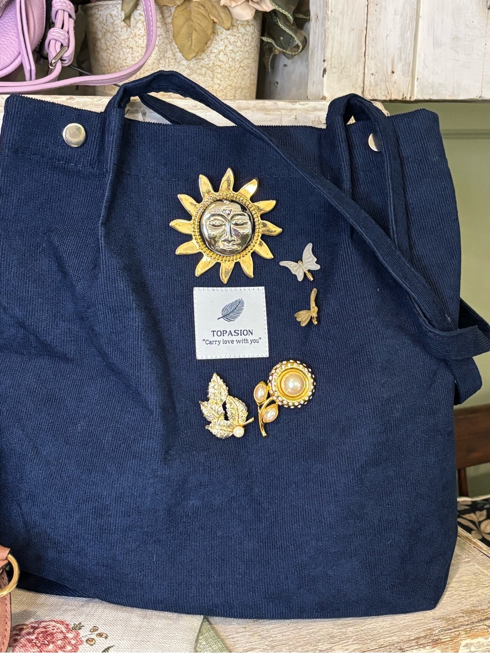 Navy Canvas Tote Bag with Gold Accent Pins